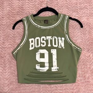 SHEIN Sexy Army Green Boston 91 Crop Tank Top